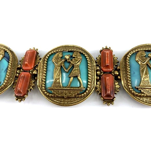 Egyptian Revival Bracelet 7" Unsigned Statement PIece Vintage Metal Plastic - Picture 3 of 11